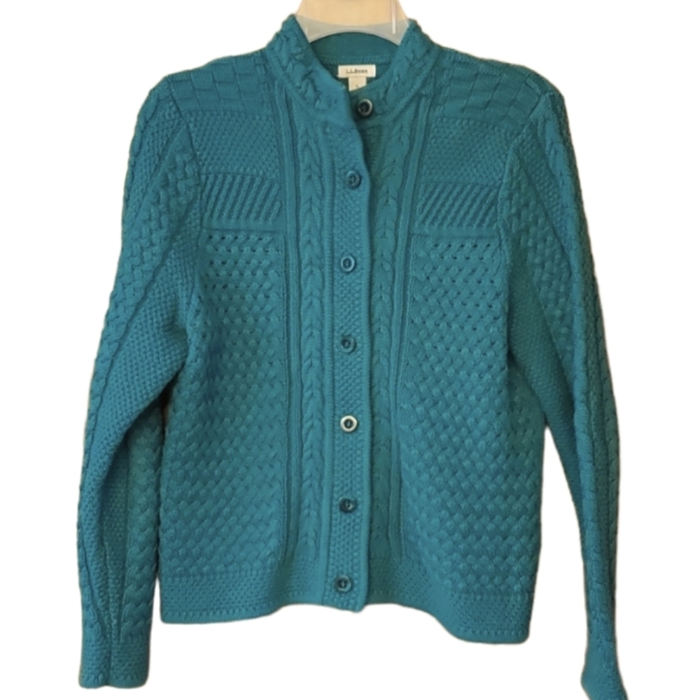 L.L Bean Womans Kelly Green Buttondown Chunky Knit Sweater Size Small
